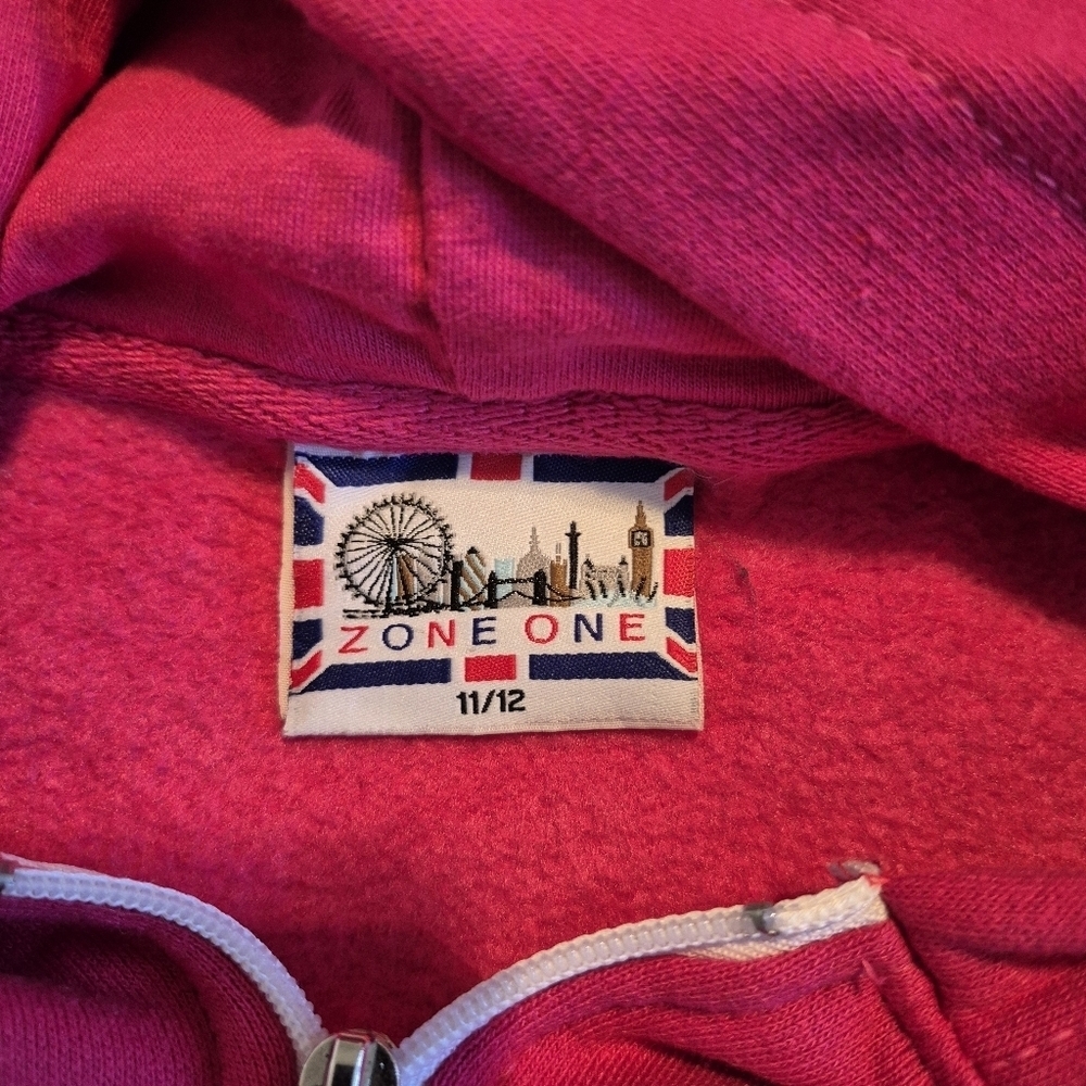 London England girls size 11/12 pink hoodie, mark on back of sleeve, VGUC - Picture 3 of 6